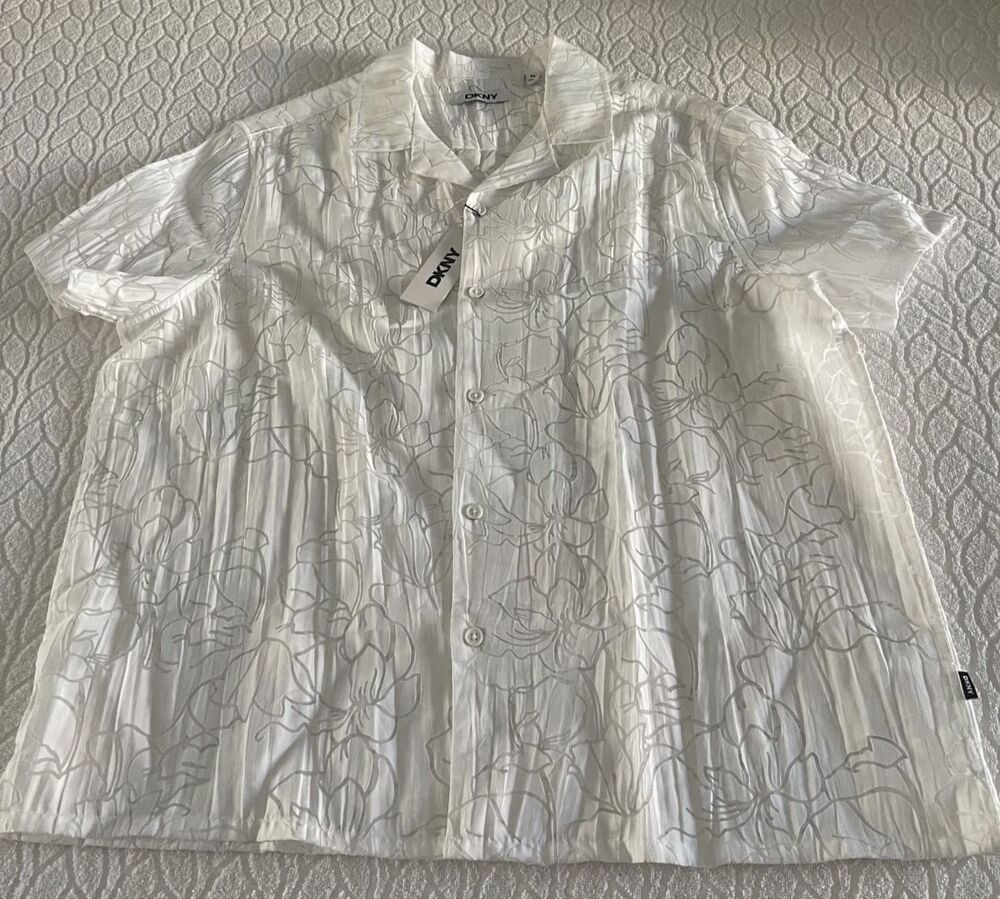 DKNY SZ XL White Men's Short Sleeve Button-Down Shirt